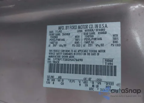 2003 Ford F150 from USA, damaged, VIN 1FTRF17283NA76690